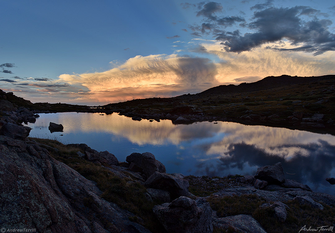Sunset at Roosevelt Lakes, as evening storms head out across the plains, 2018.