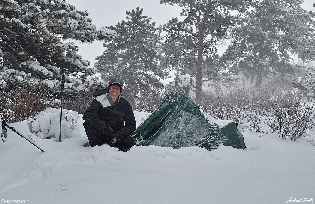 andrew terrill with auld leakie hiker camping in snowstorm colorado