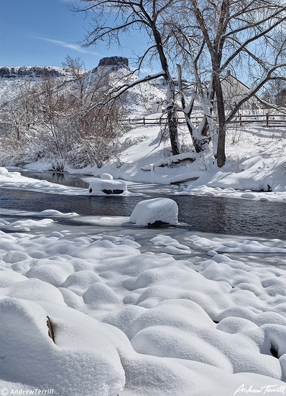 clear creek and castle rock mesa in snow in golden colorado march 2021