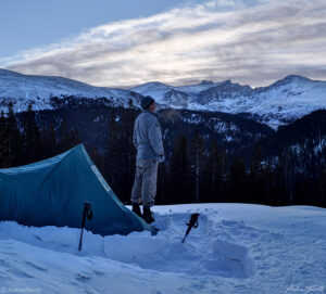 frigid cold winter camp in snow in mount evans wilderness colorado