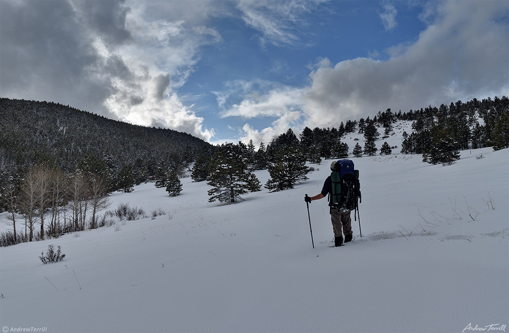 hiker in winter snow knott creek golden gate canyon state park colorado