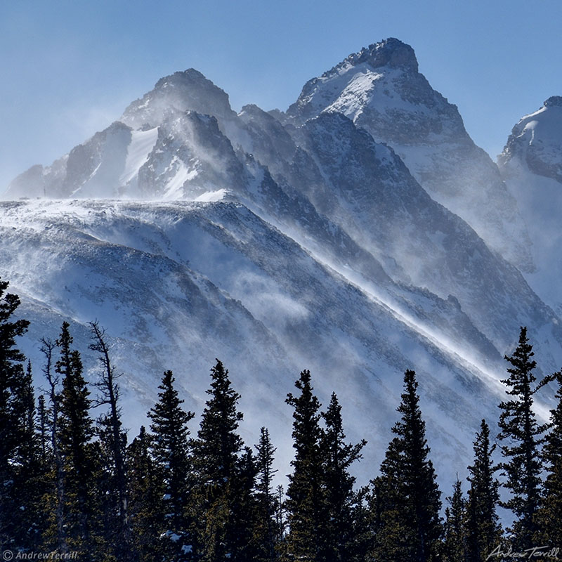 navajo peak near brainard lake with spindrift in snow in winter rocky mountains colorado