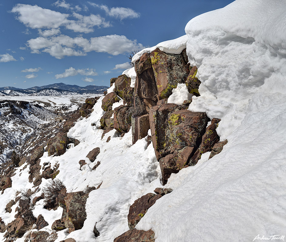 snow drift above cottonwood canyon on north table mountain golden colorado