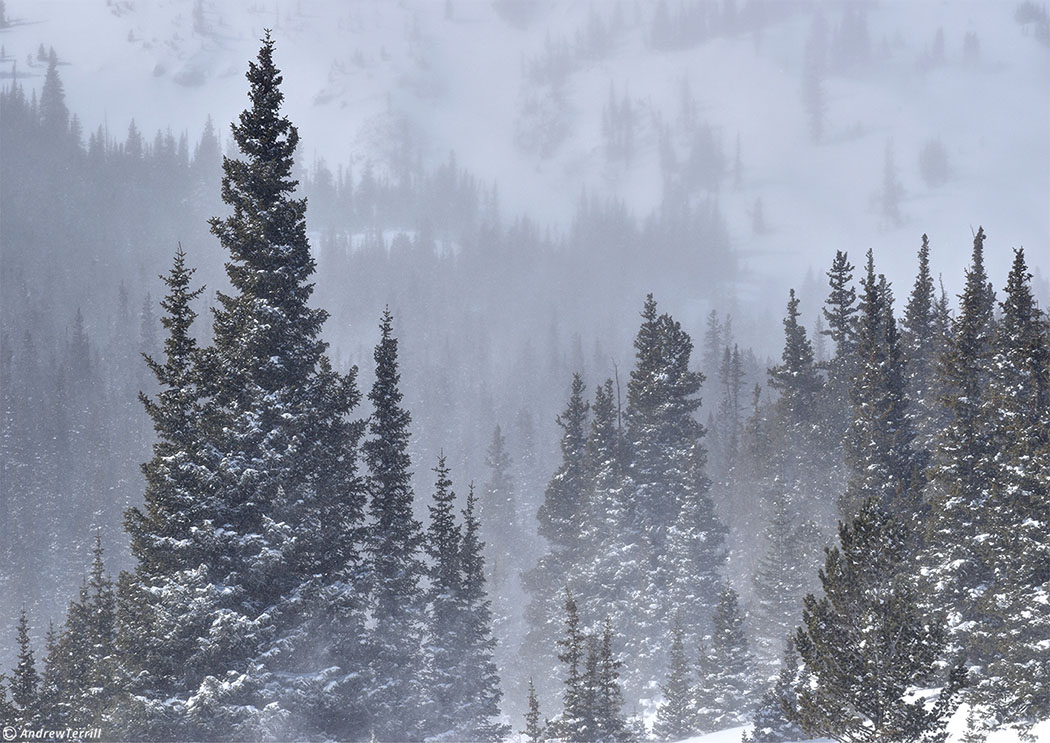 spindrift and freezing winds in colorado winter mountains