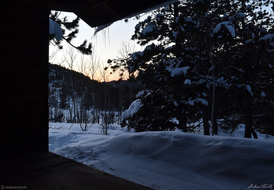 winter dawn seen from appalachian style shelter