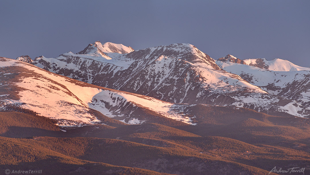 sunrise glowing light on Indian Peaks Wilderness Navajo Peak May 2021