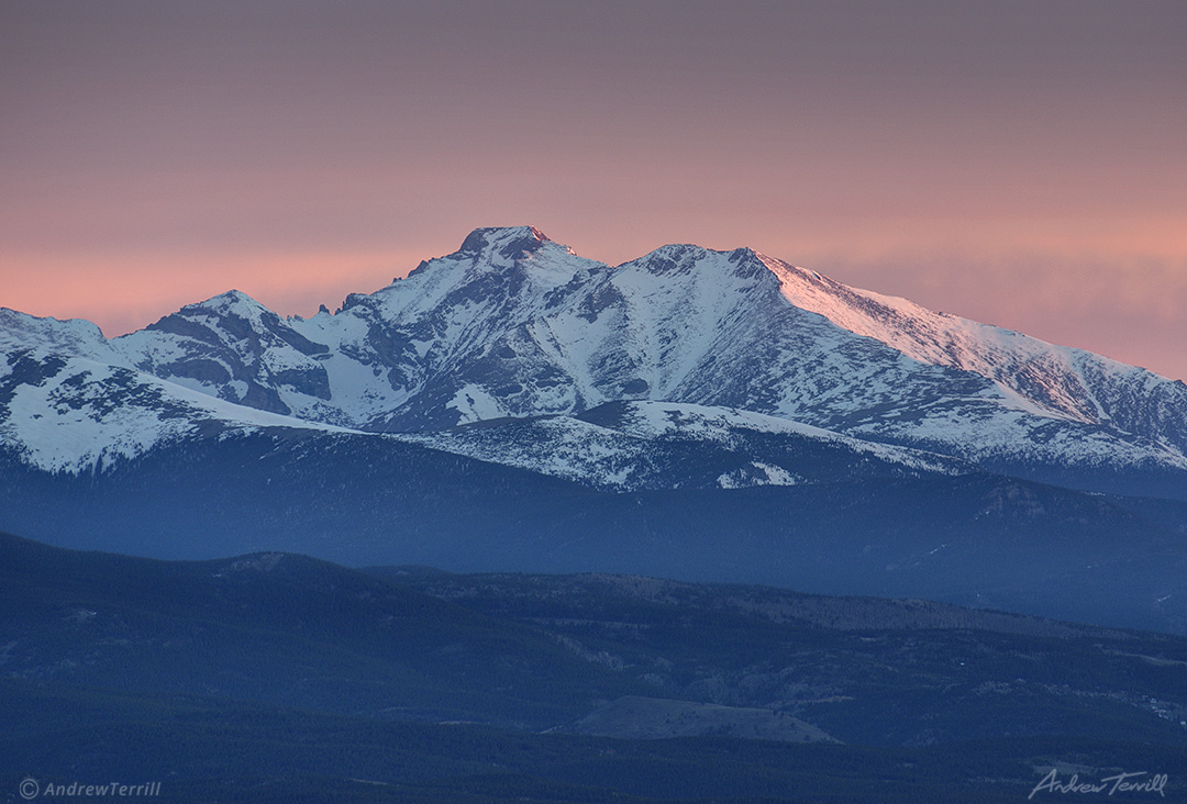 sunrise glowing light on Longs Peak Rocky Mountain National Park May 2021