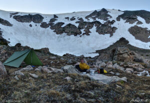 tarp camp in wild mountain cirque