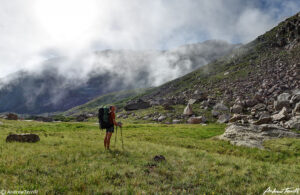 backpacker hiker and fog mount evans colorado