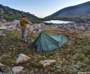 morning coffee in camp above mountain tarn colorado