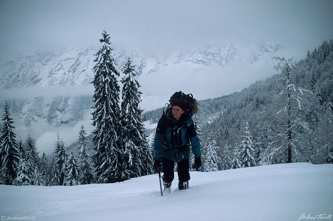 hiker in deep snow alps austria November 1997