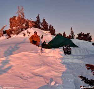 andrew terrill and tent at sunrise in winter