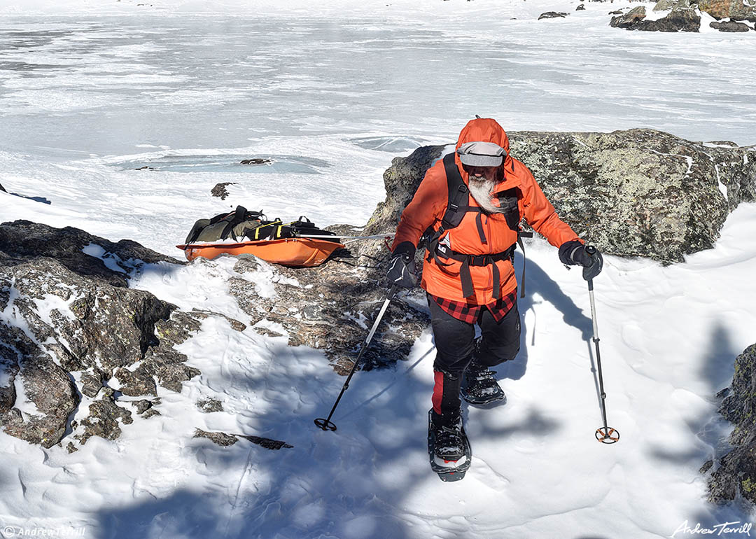 igloo ed pulling an expedition pulk off lake haiyaha