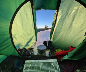 view from inside tent in winter