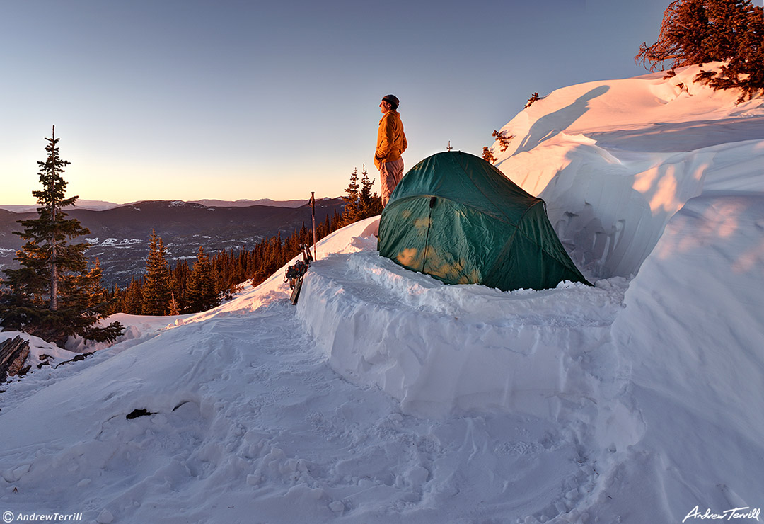 winter camping sunrise colorado