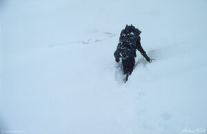 andrew terrill hiker mountaineer backpacker struggling through deep snow norway 1998