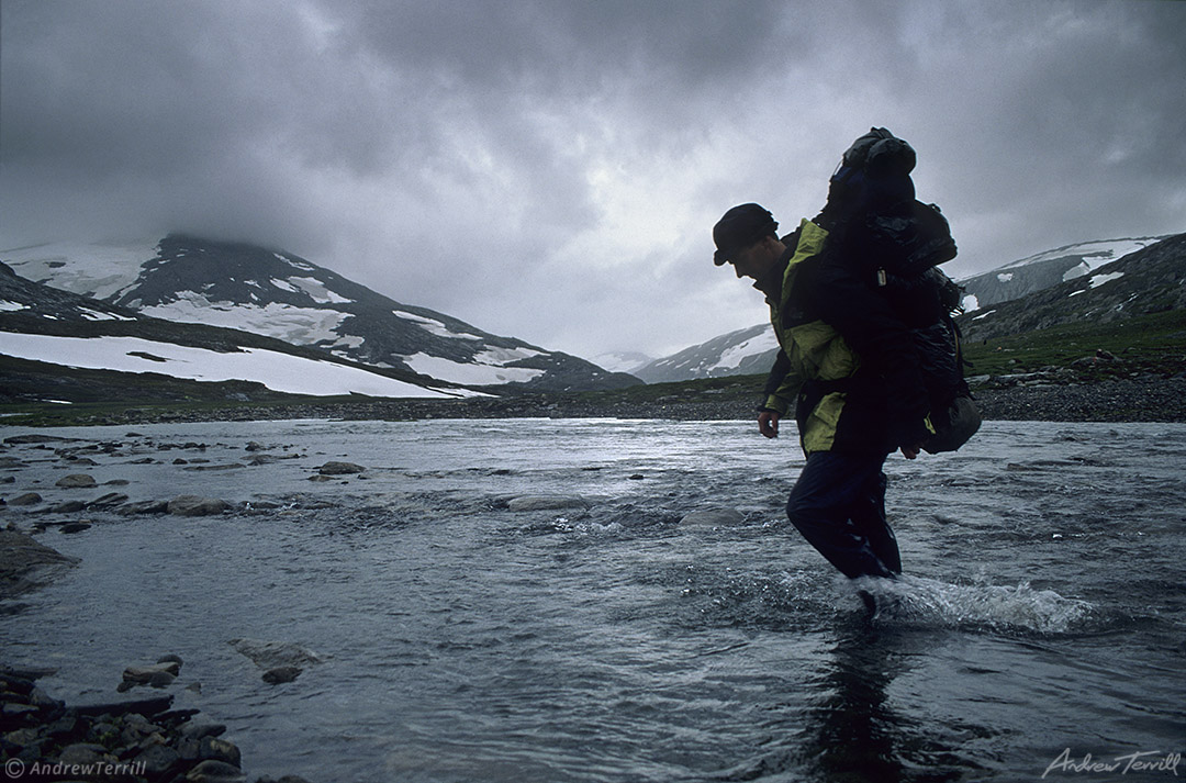 andrew terrill in svartisen norway stormy weather river crossing august 1998