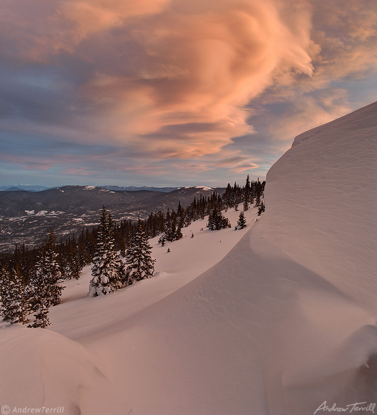 winter sunset and snowdrift in colorado front range