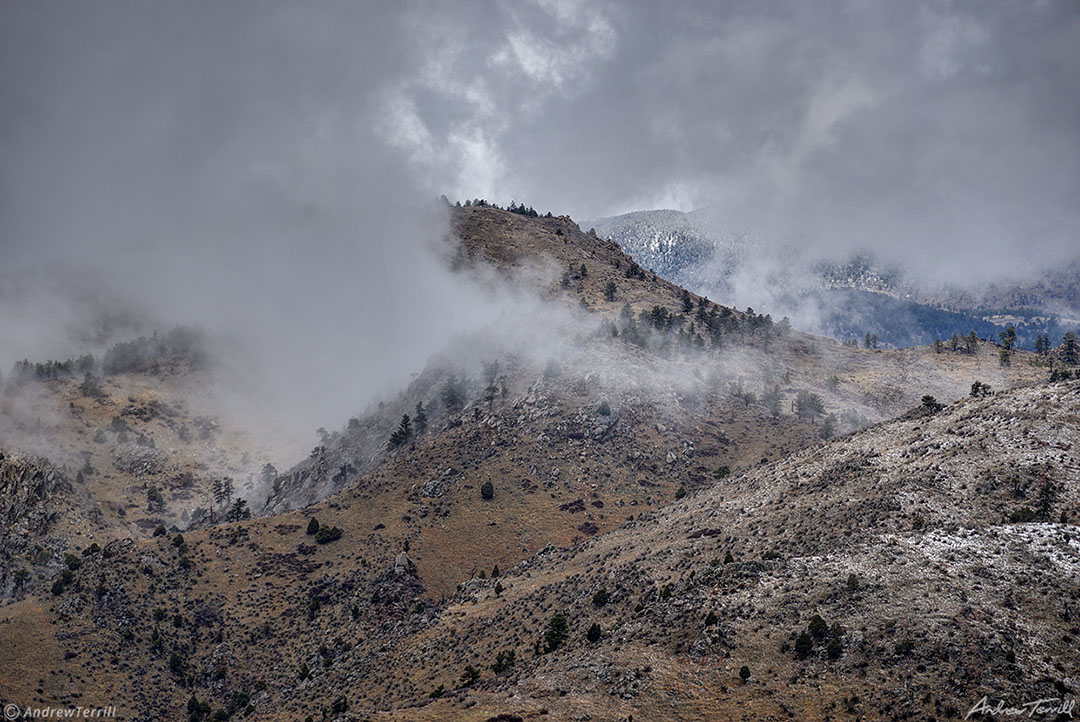 foothills above golden colorado in fog and spring snow