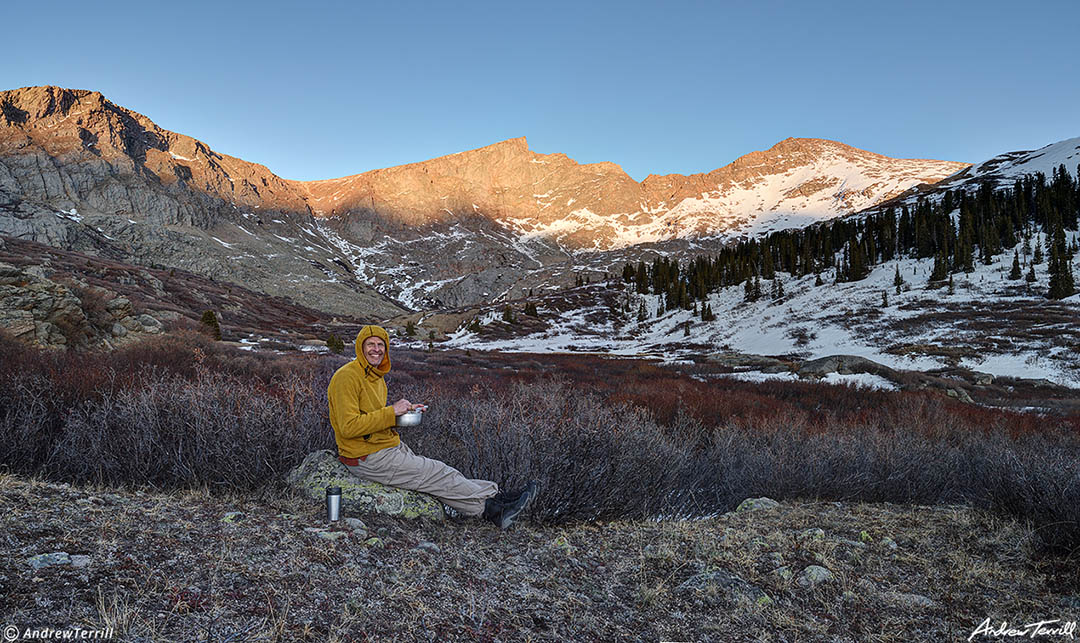 dinner in camp beneath mount bierstadt