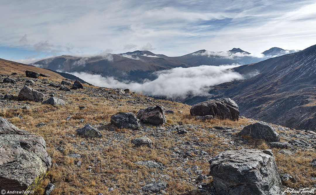 Murray Lake Camp clouds around mount evans blue sky and Bierstadt 10-16-22