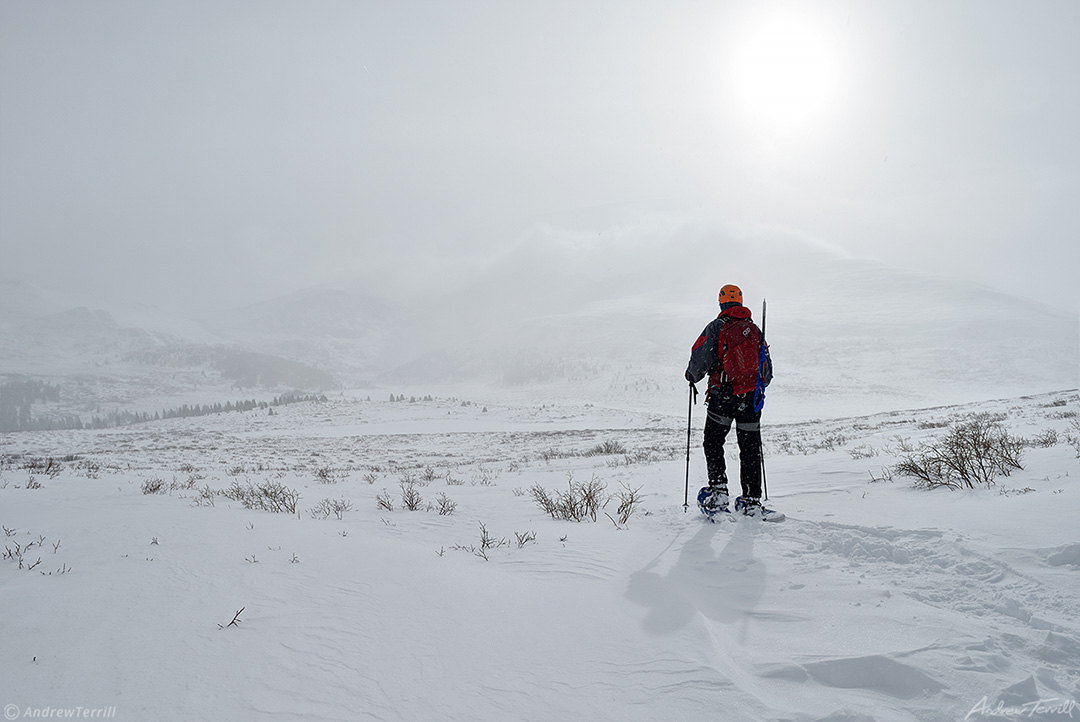 001 mountaineer heading towards mount bierstadt in wild winter weather colorado