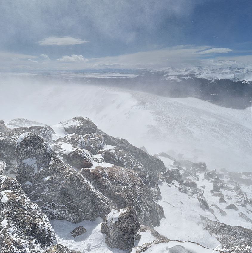 024 descending the ridge in spindrift and strong winds mount bierstadt colorado winter