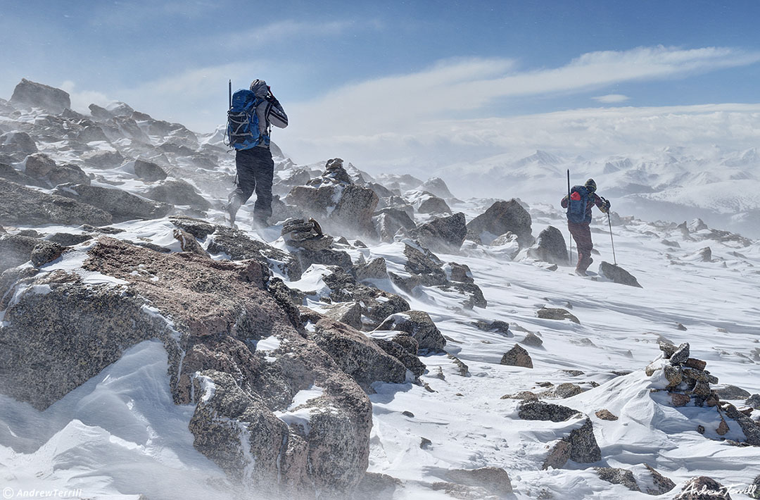 027 mountaineers fighting spindrift and winds on Mount Bierstadt colorado in winter