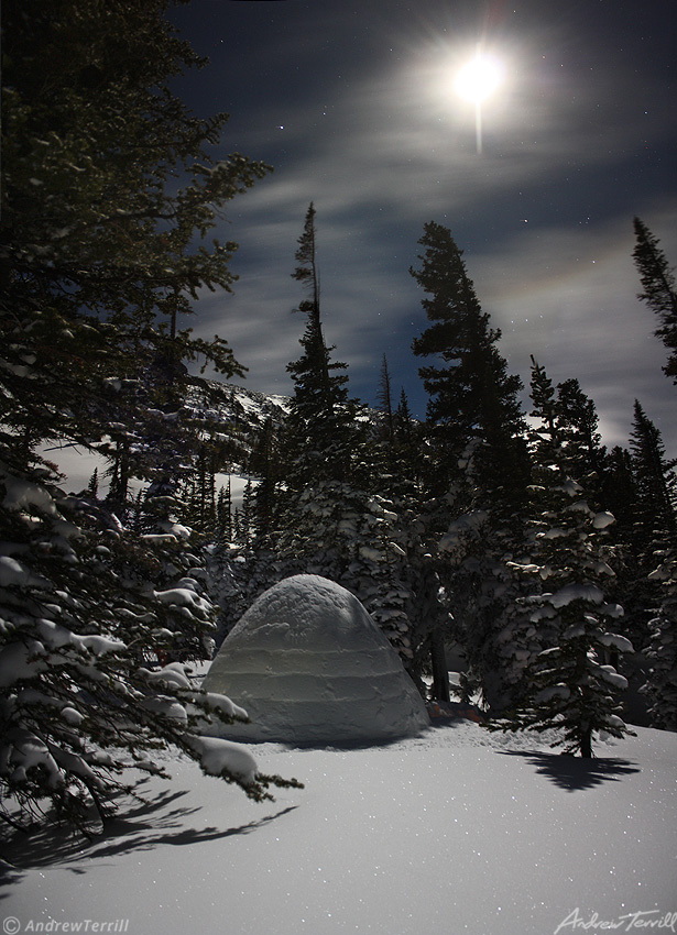 igloo in moonlight in colorado mountains