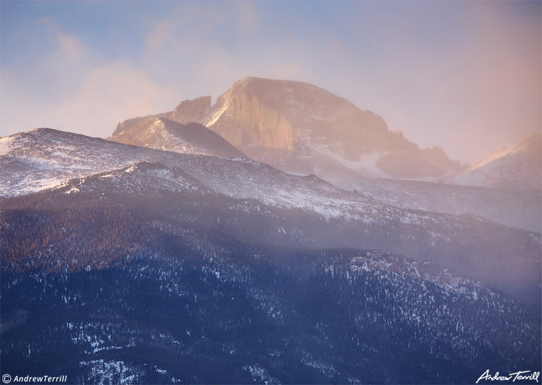 longs peak in dawn light in colorado mountains