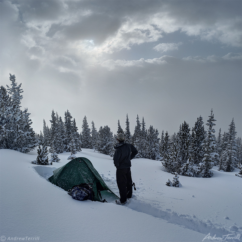 winter camp on snow covered mountain in colorado