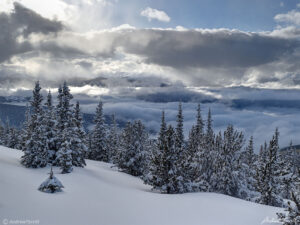 winter snow on mountains and forests in colorado above clearing storm clouds