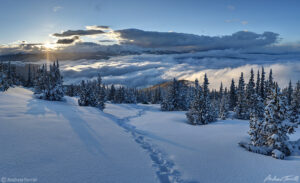 footprints in snow leading to tent colorado at sunset