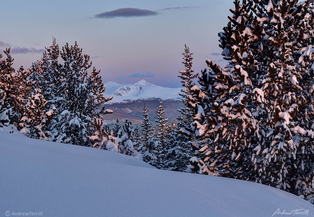 winter sunrise alpenglow and snow on grays and torreys peak colorado