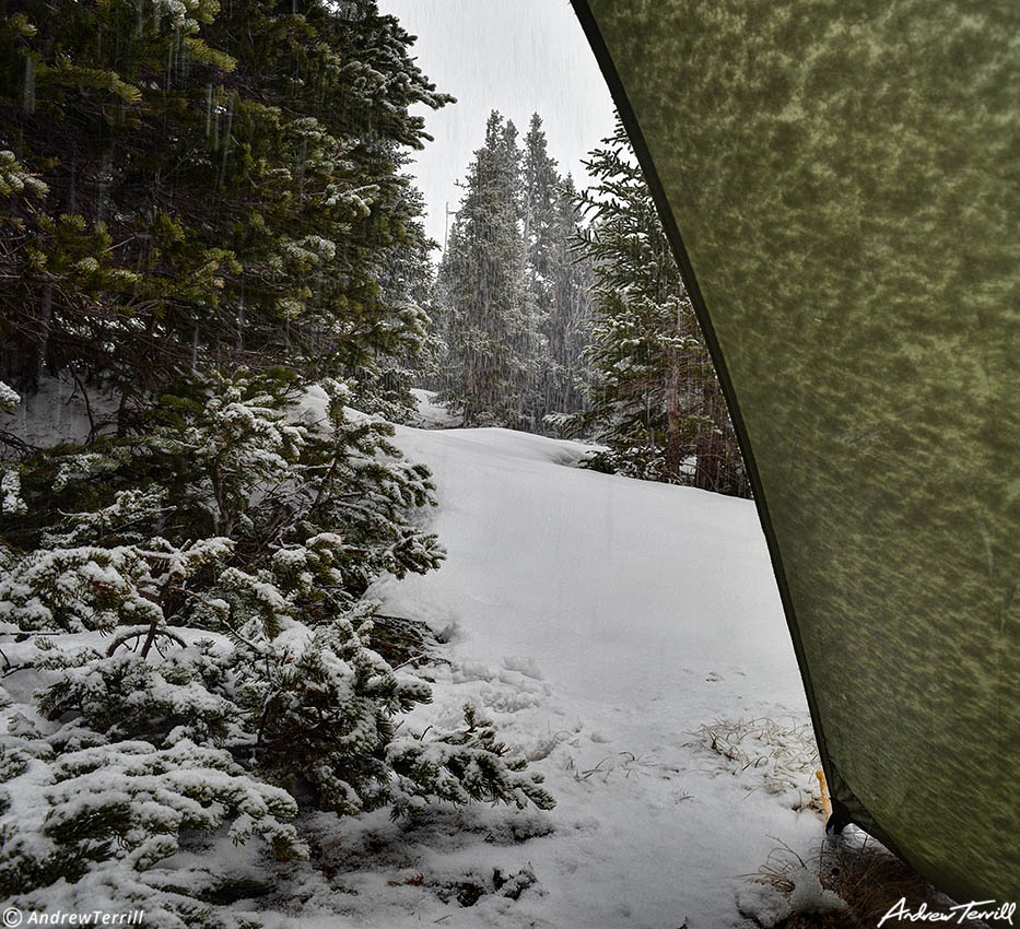 tarp view in snowstorm - hells hole - 20 May 2023