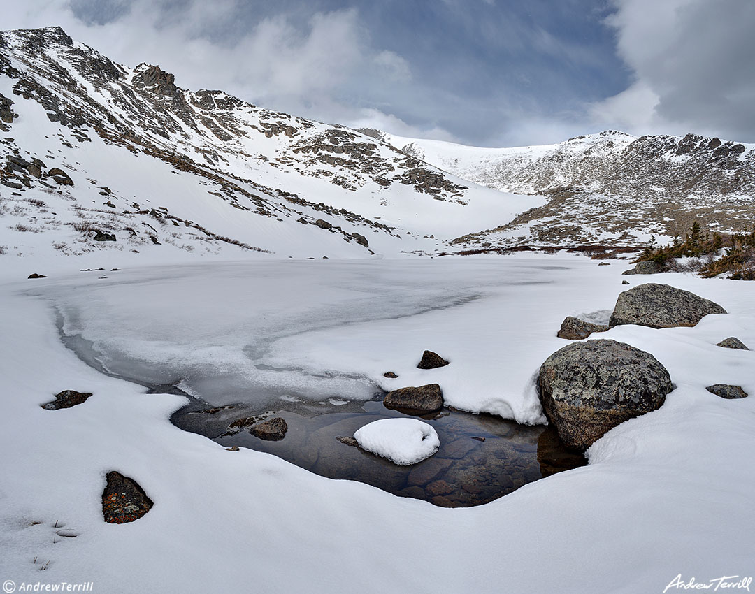 frozen lake in spring snow colorado 4 may 2023