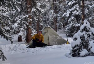 andrew terrill winter camp in snowy forest 9 November 2023