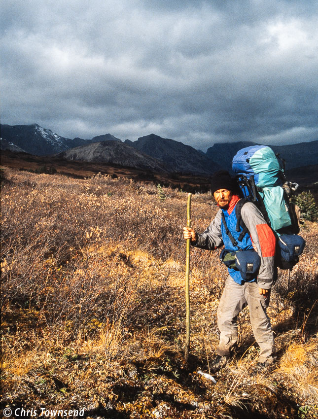 Chris Townsend on foot in the wilderness Canadian Rockies 1988 High Summer