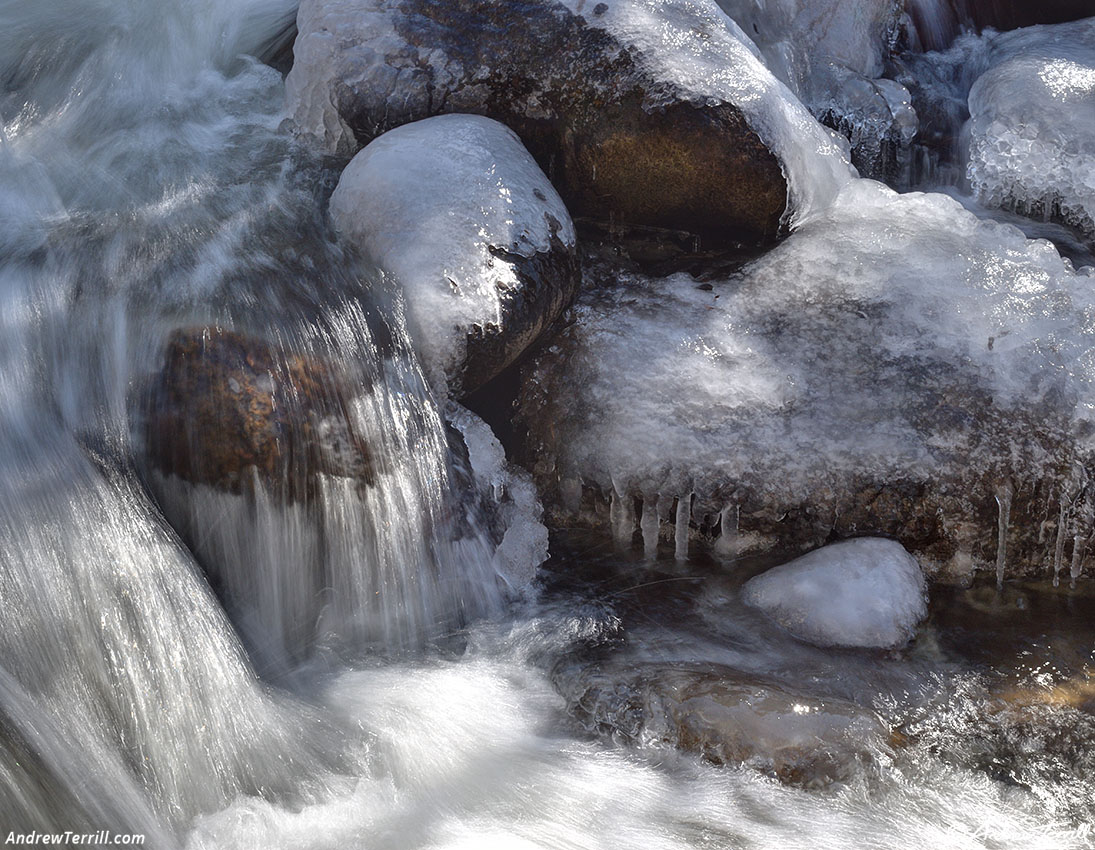 tumbling creek with ice on rocks detail colorado 2 november 2024